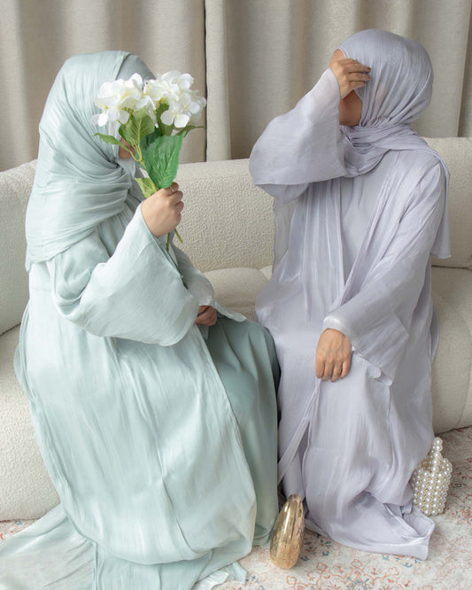 Reema Light Mint Princess Organza Abaya | occasion abayas | Both abaya view