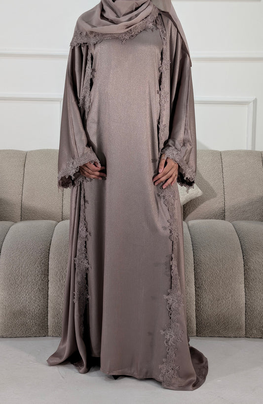 Womens Abaya Khadeejah Champagne  Satin Lace Abayas | occasion abayas | front view