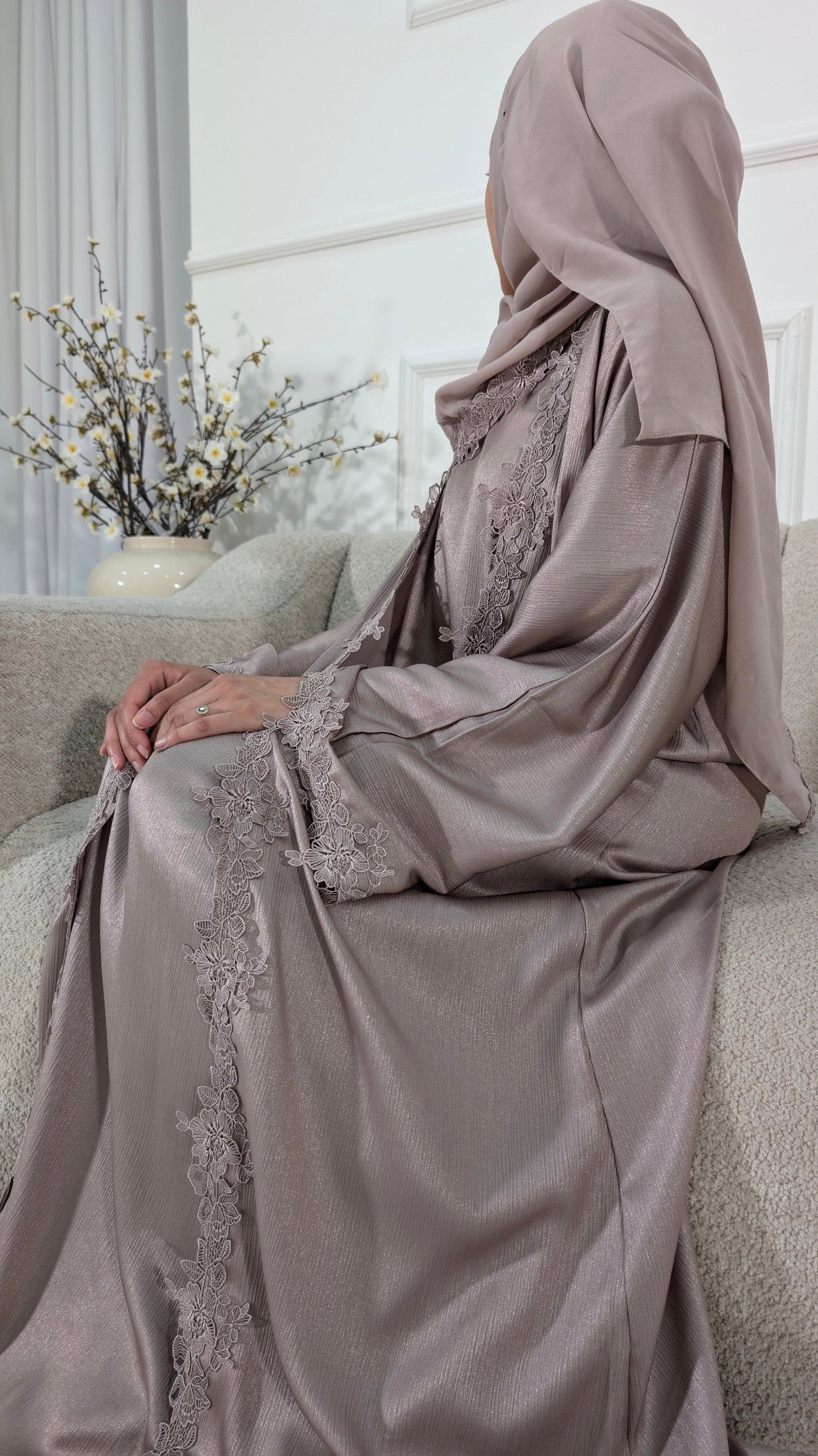 Womens Abaya Khadeejah Champagne Satin Lace Abayas | occasion abayas | side view