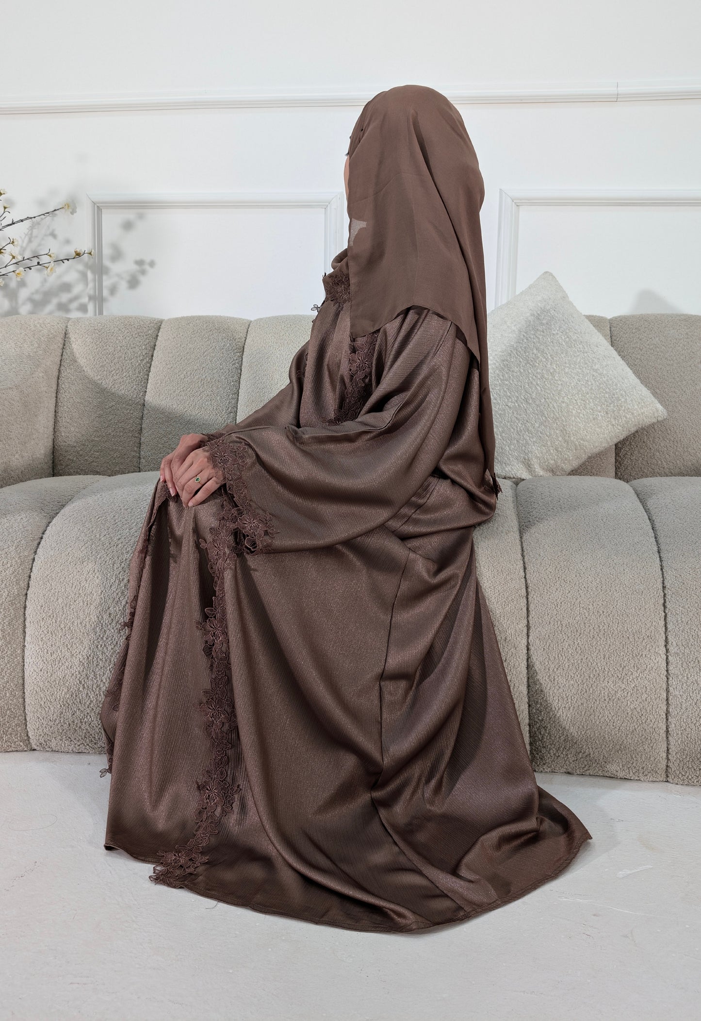 Womens Abaya Khadeejah Cocoa Satin Lace Abayas | occasion abayas | side view