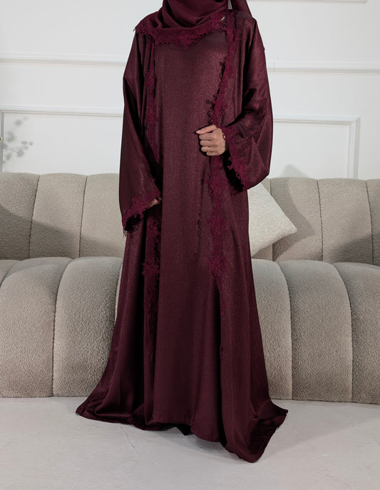 Womens Abaya Khadeejah Deep Brugandy Satin Lace Abayas | occasion abayas | front view