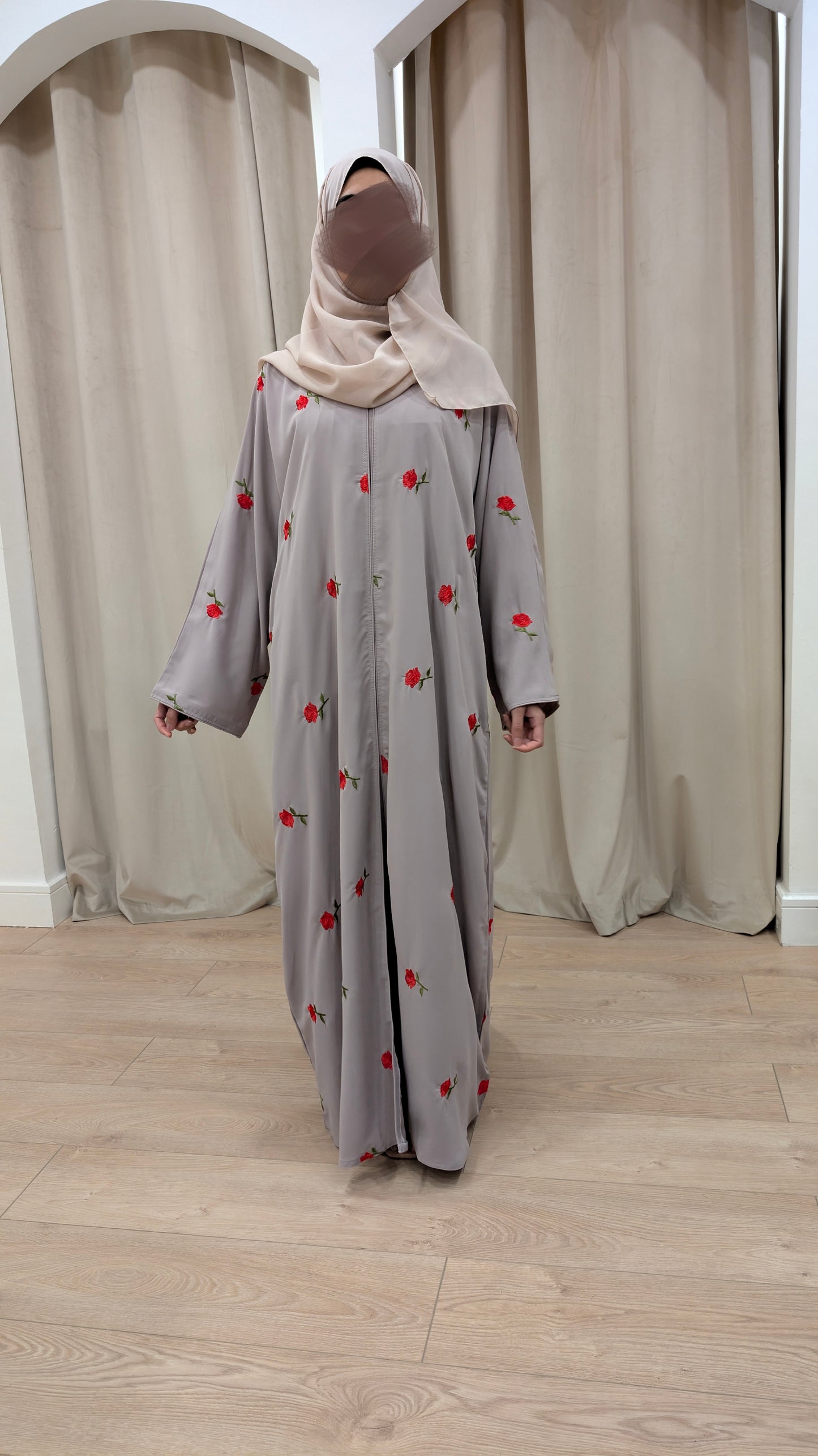 alina black rose embroidered straight abaya | full front view