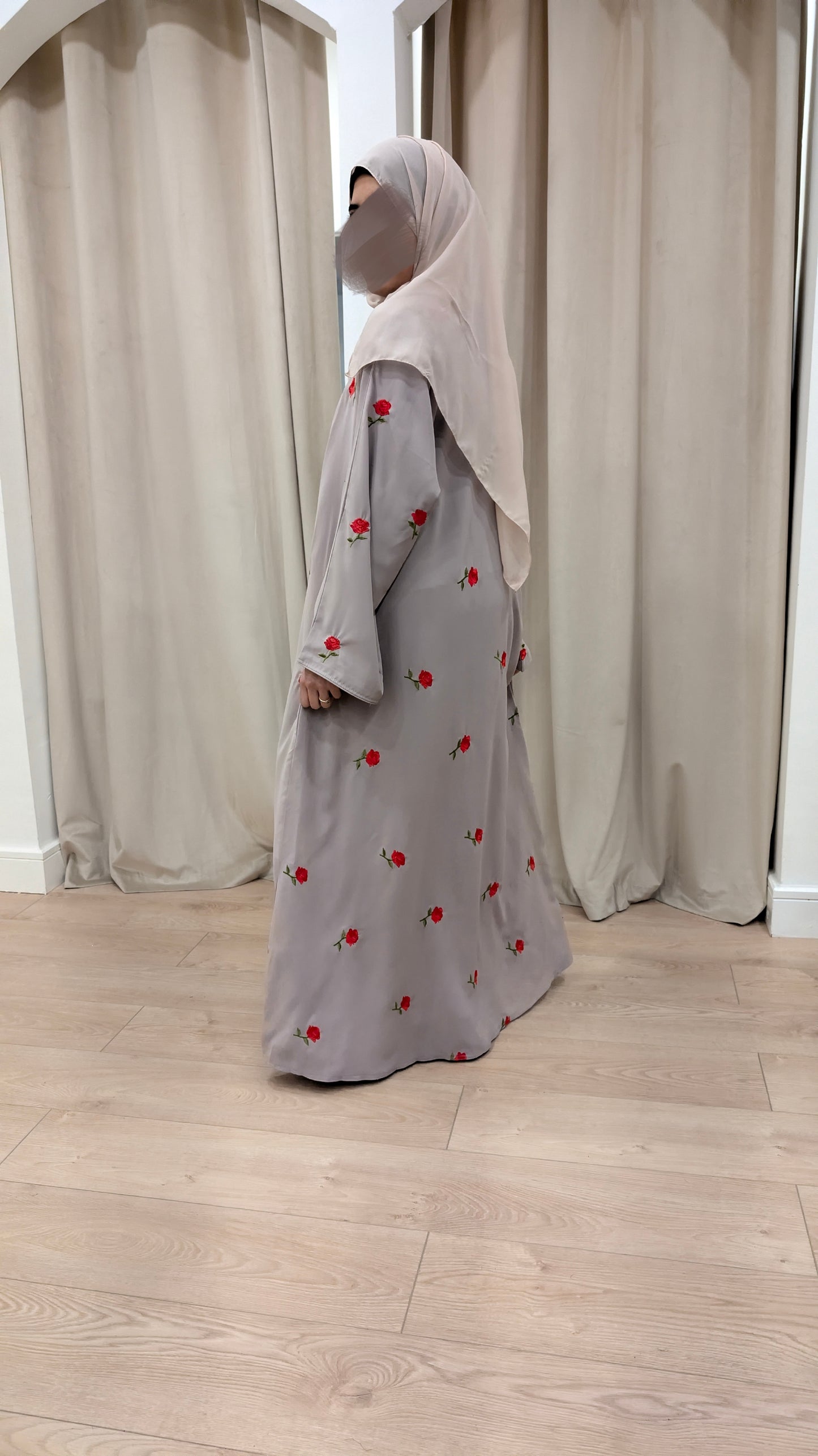 alina black rose embroidered straight abaya | side view