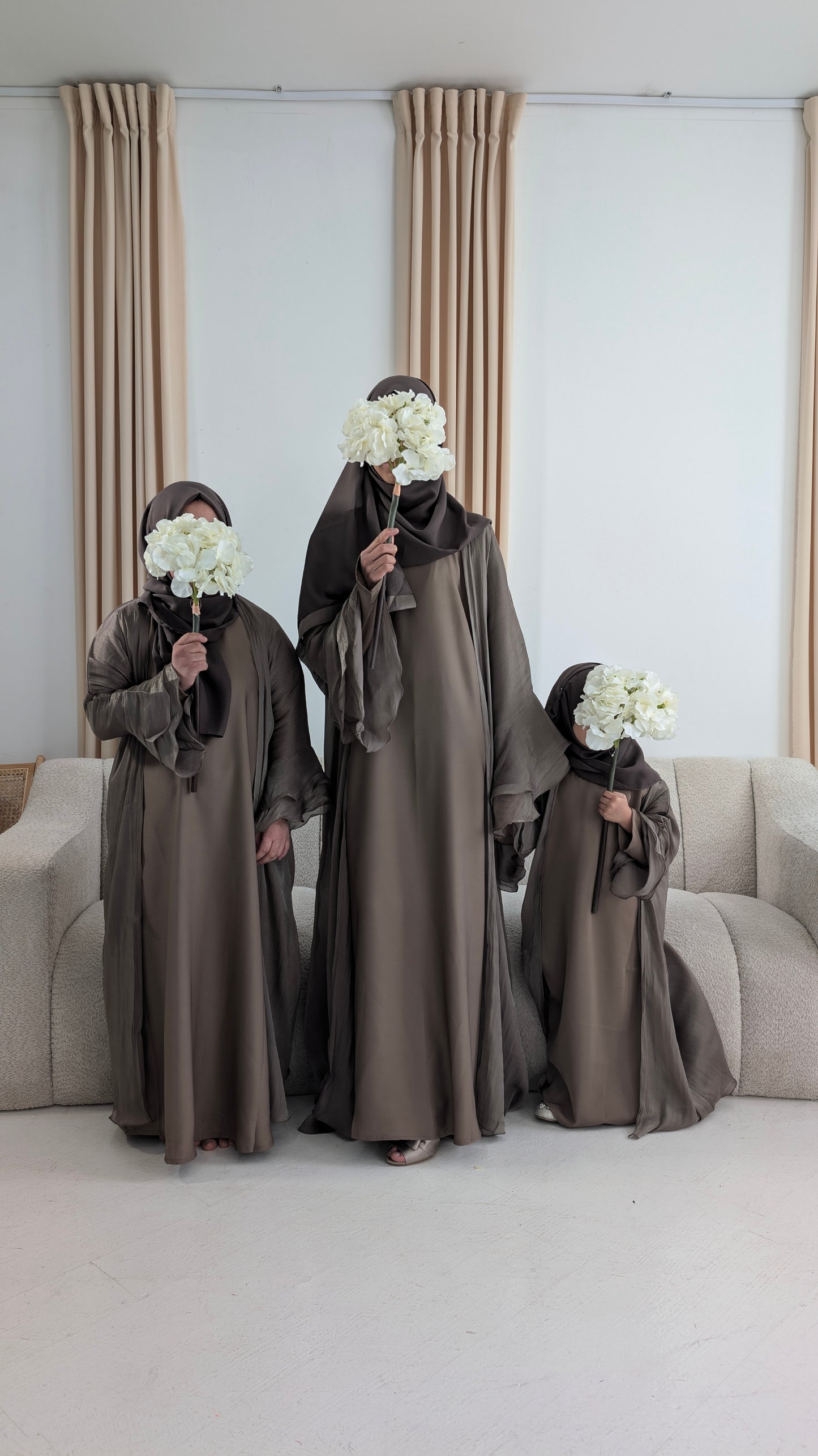 amina junior girls brown flared tiered sleeve organza abaya | full view in all sizes