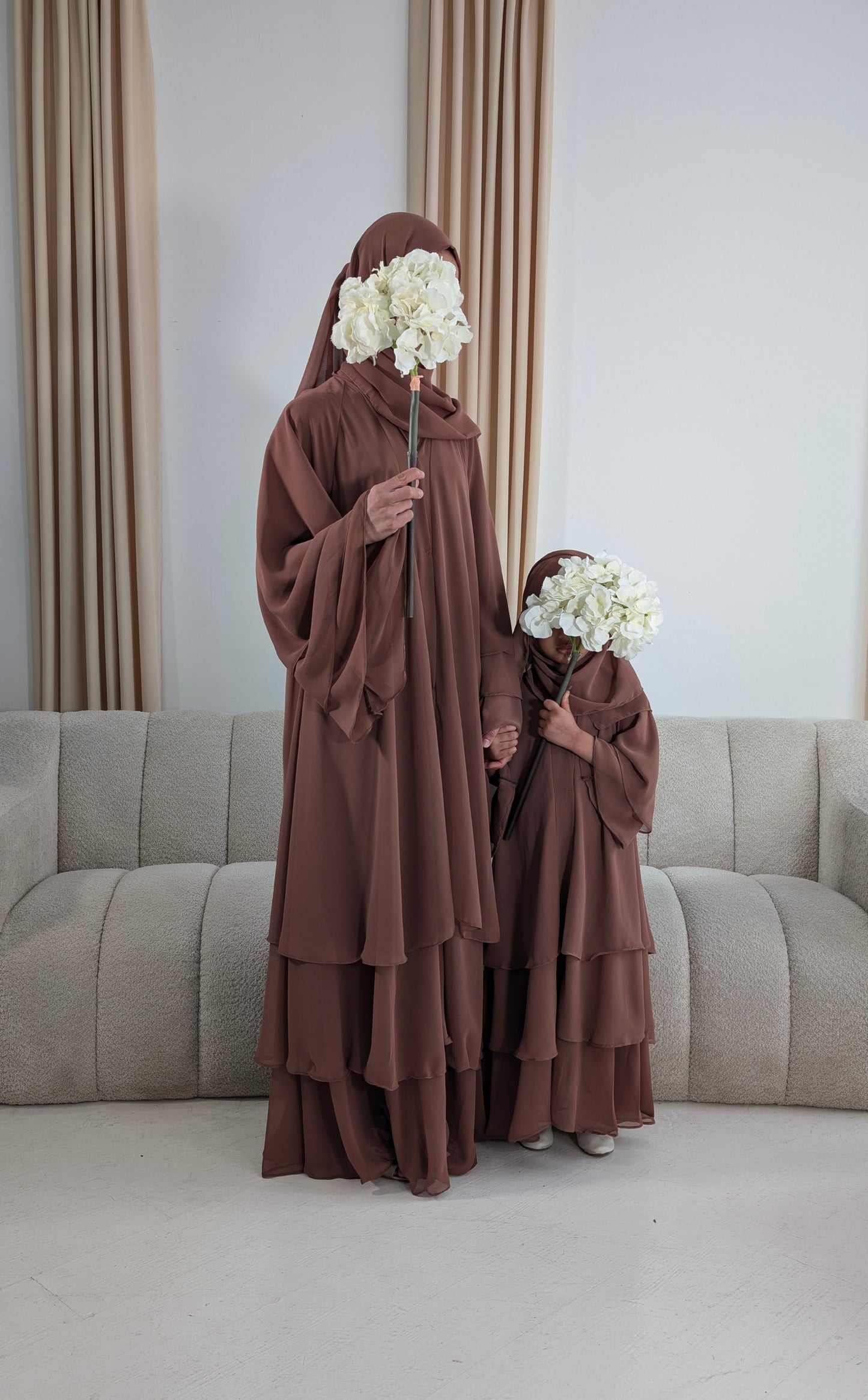 inayah junior girls rosewood chiffon tiered abaya | front full view