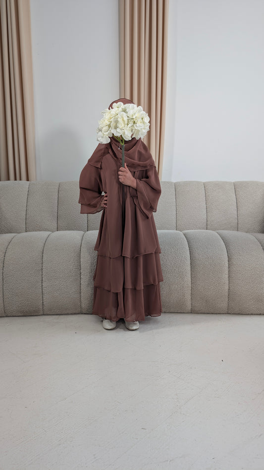 inayah junior girls rosewood chiffon tiered abaya | front view