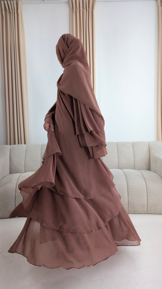 inayah rosewood chiffon tiered abaya | left view