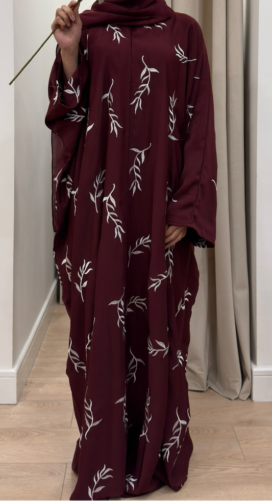 ARWA FLORAL EMBROIDERED BURGUNDY BUTTERFLY ABAYA