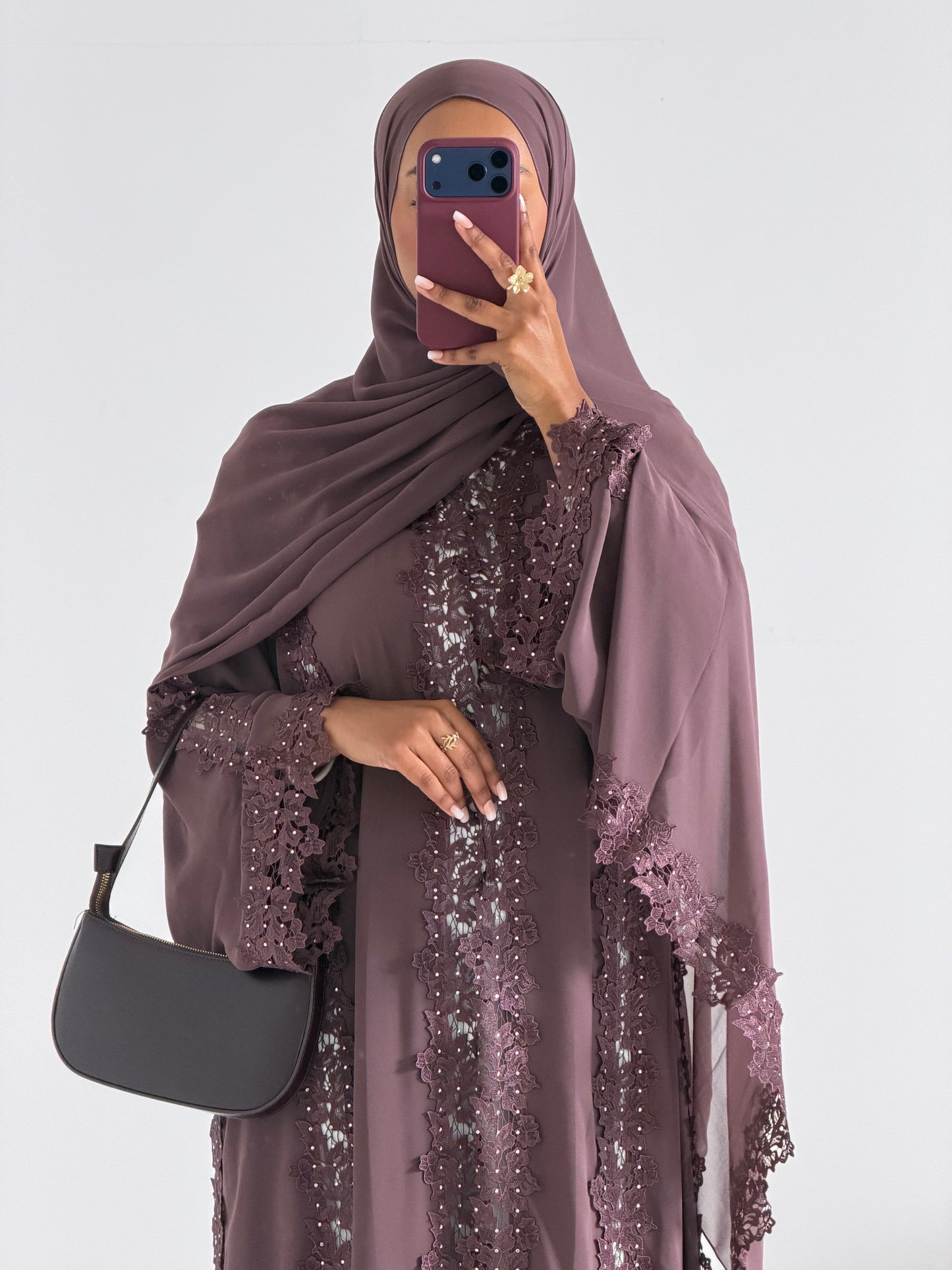 Alma Dark Mauve Chiffon Lace Panel Abaya
