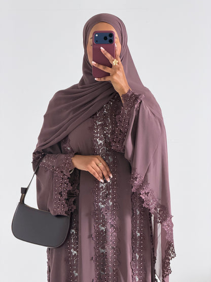 Alma Dark Mauve Chiffon Lace Panel Abaya