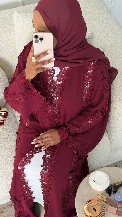Alma Burgundy Chiffon Lace Panel Abaya