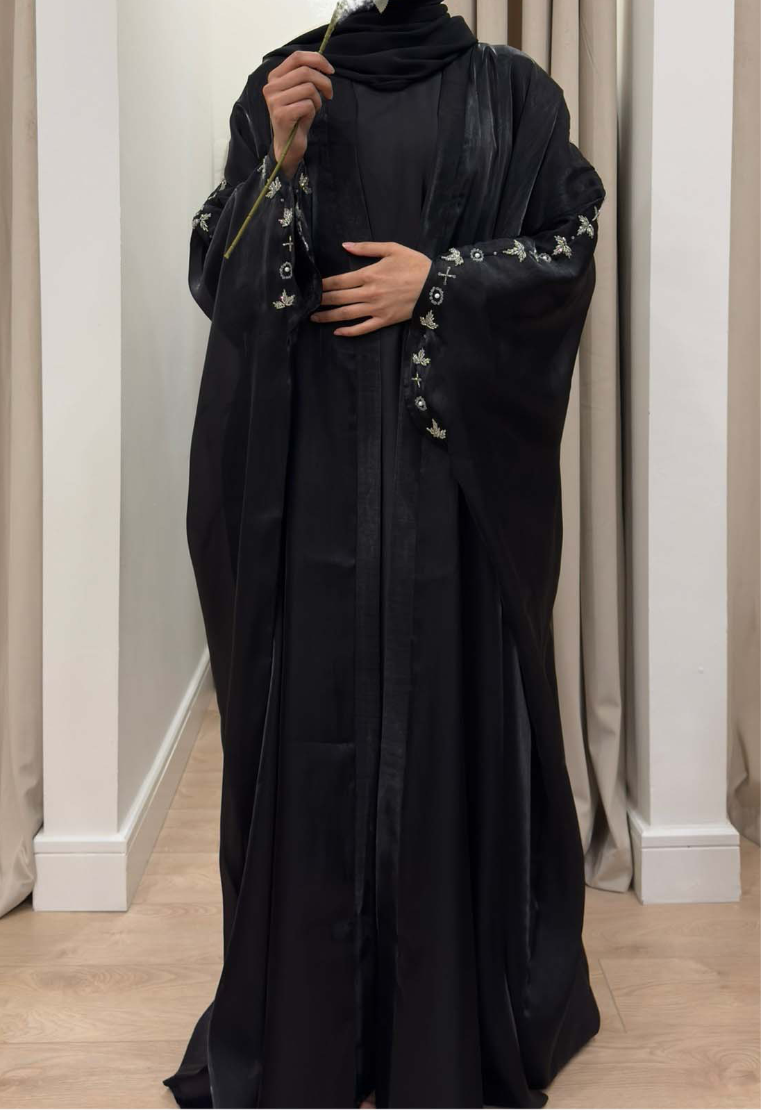 AMAL BLACK ORGANZA BEADED CAPE ABAYA