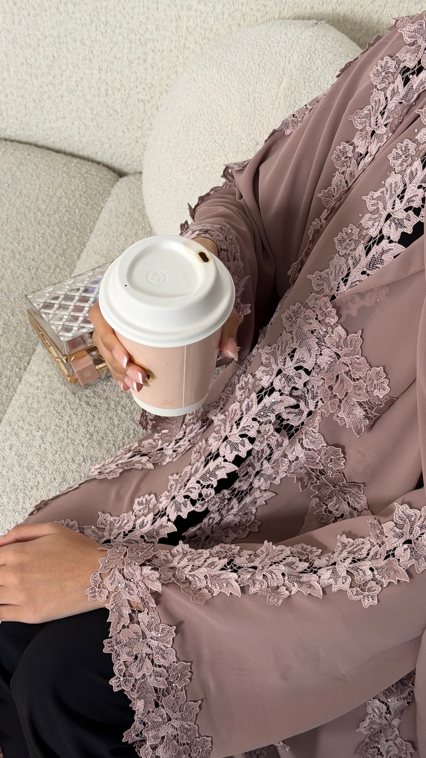 Alma Dusty Pink Chiffon Lace Panel Abaya