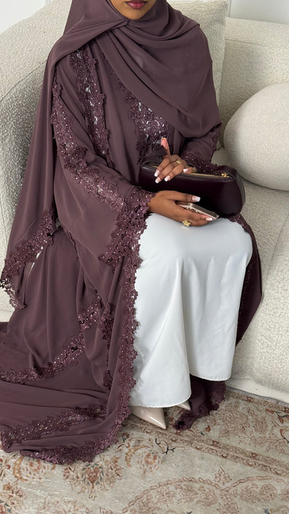 Alma Dark Mauve Chiffon Lace Panel Abaya