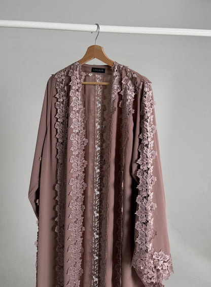 Alma Dusty Pink Chiffon Lace Panel Abaya