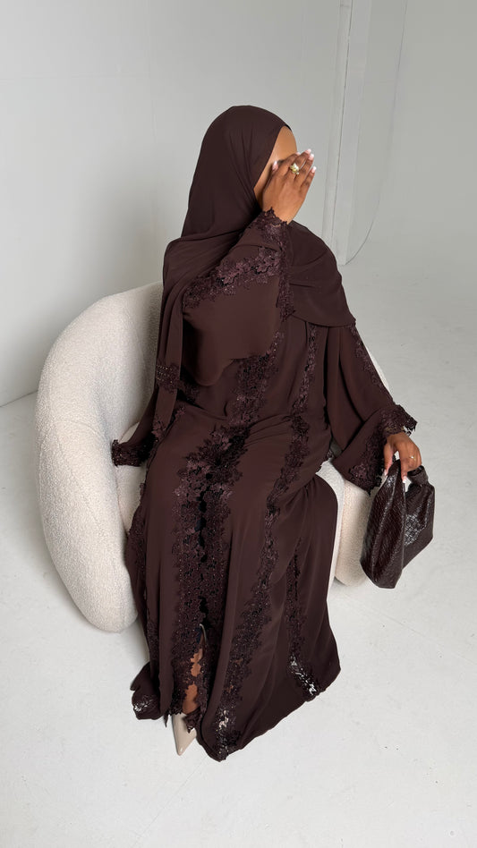 Alma Brown Chiffon Lace Panel Abaya