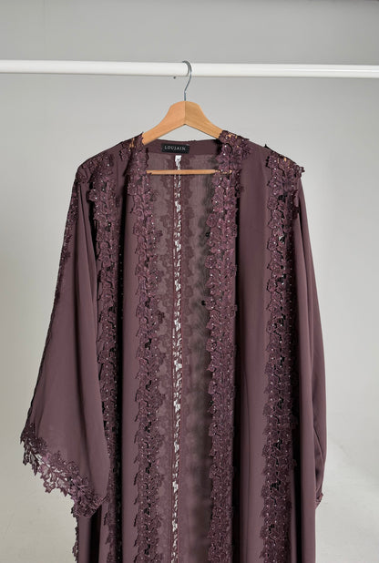 Alma Dark Mauve Chiffon Lace Panel Abaya