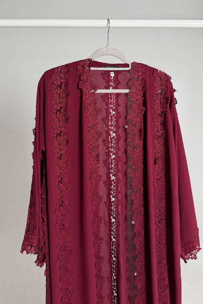 Alma Burgundy Chiffon Lace Panel Abaya