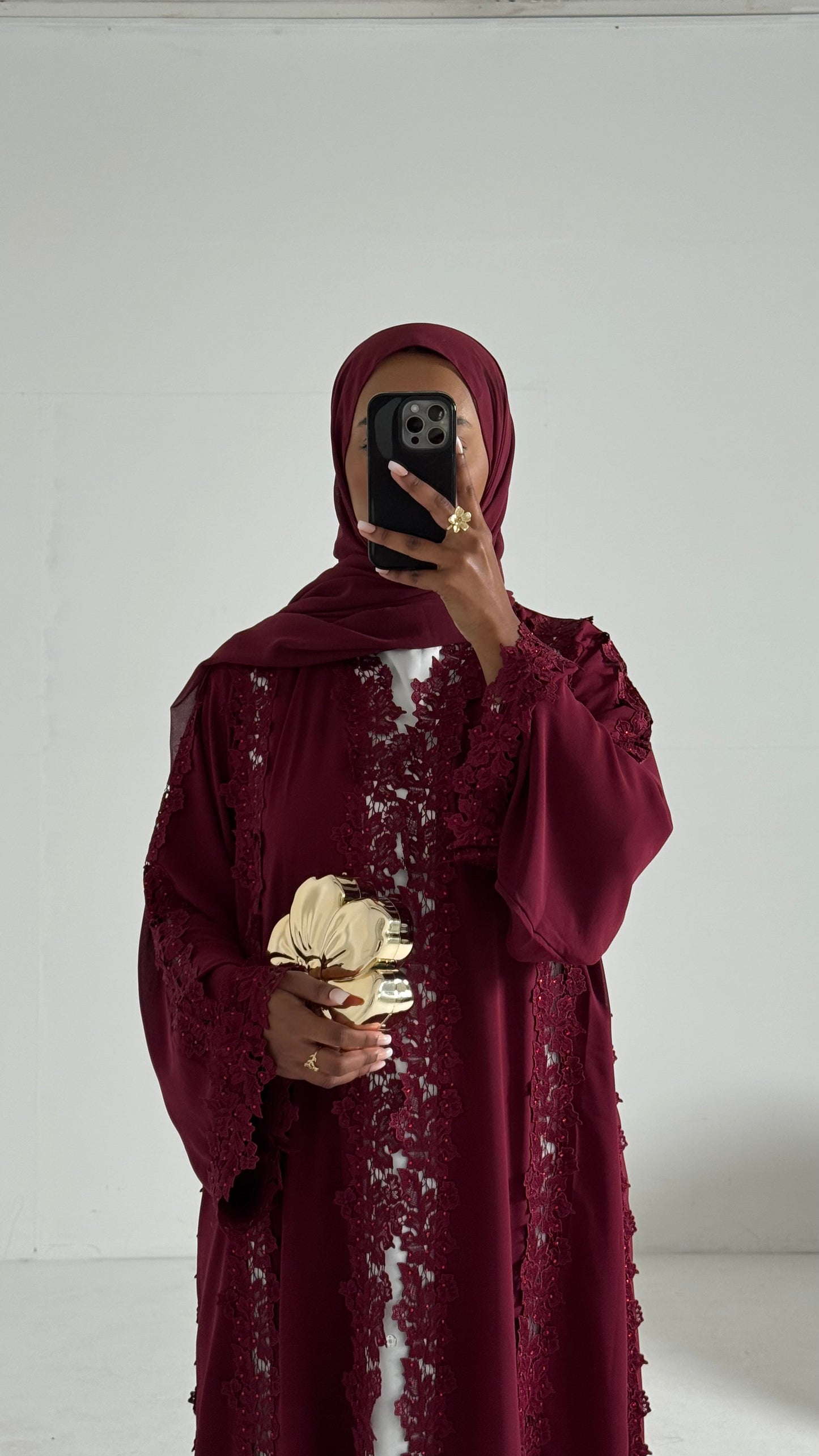 Alma Burgundy Chiffon Lace Panel Abaya