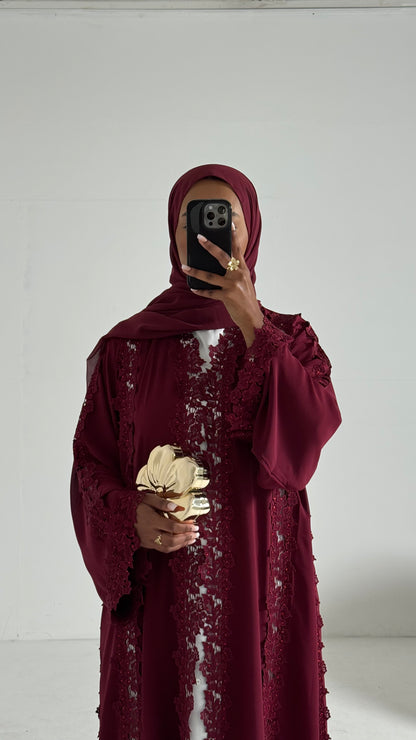 Alma Burgundy Chiffon Lace Panel Abaya