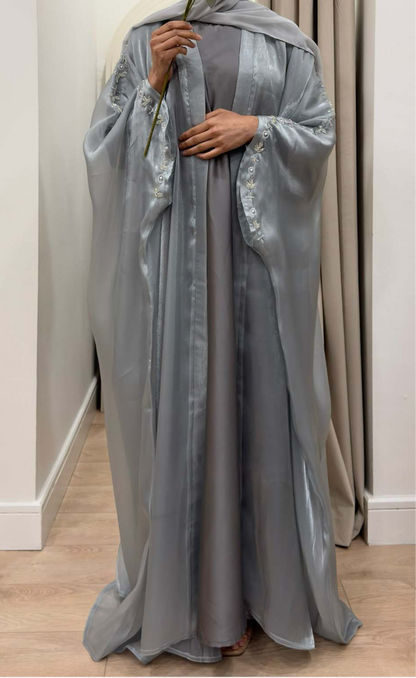 AMAL PALE BLUE ORGANZA BEADED CAPE ABAYA