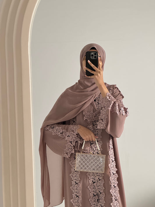 Alma Dusty Pink Chiffon Lace Panel Abaya