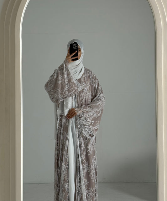 Lira Beige Flared Lace Abaya
