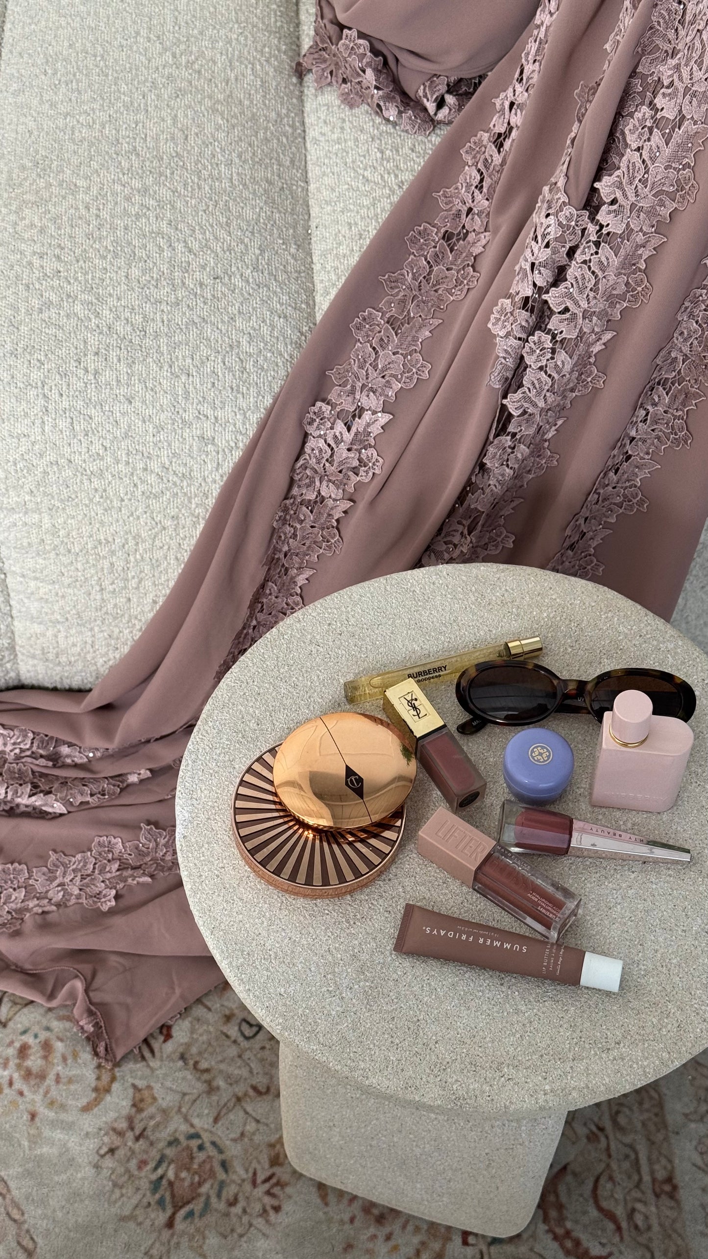 Alma Dusty Pink Chiffon Lace Panel Abaya