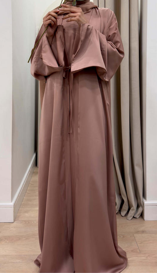 FARAH PINK BOW-TIE SATIN ABAYA