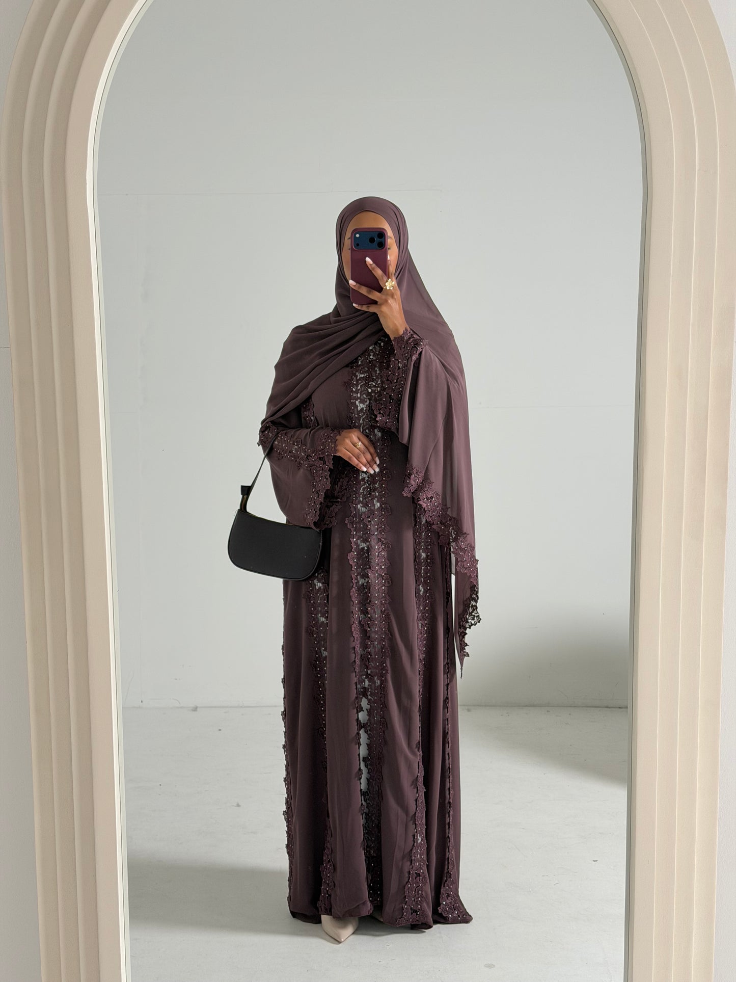 Alma Dark Mauve Chiffon Lace Panel Abaya