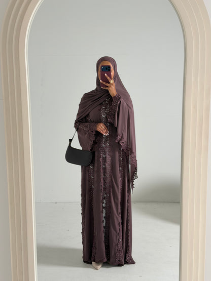 Alma Dark Mauve Chiffon Lace Panel Abaya