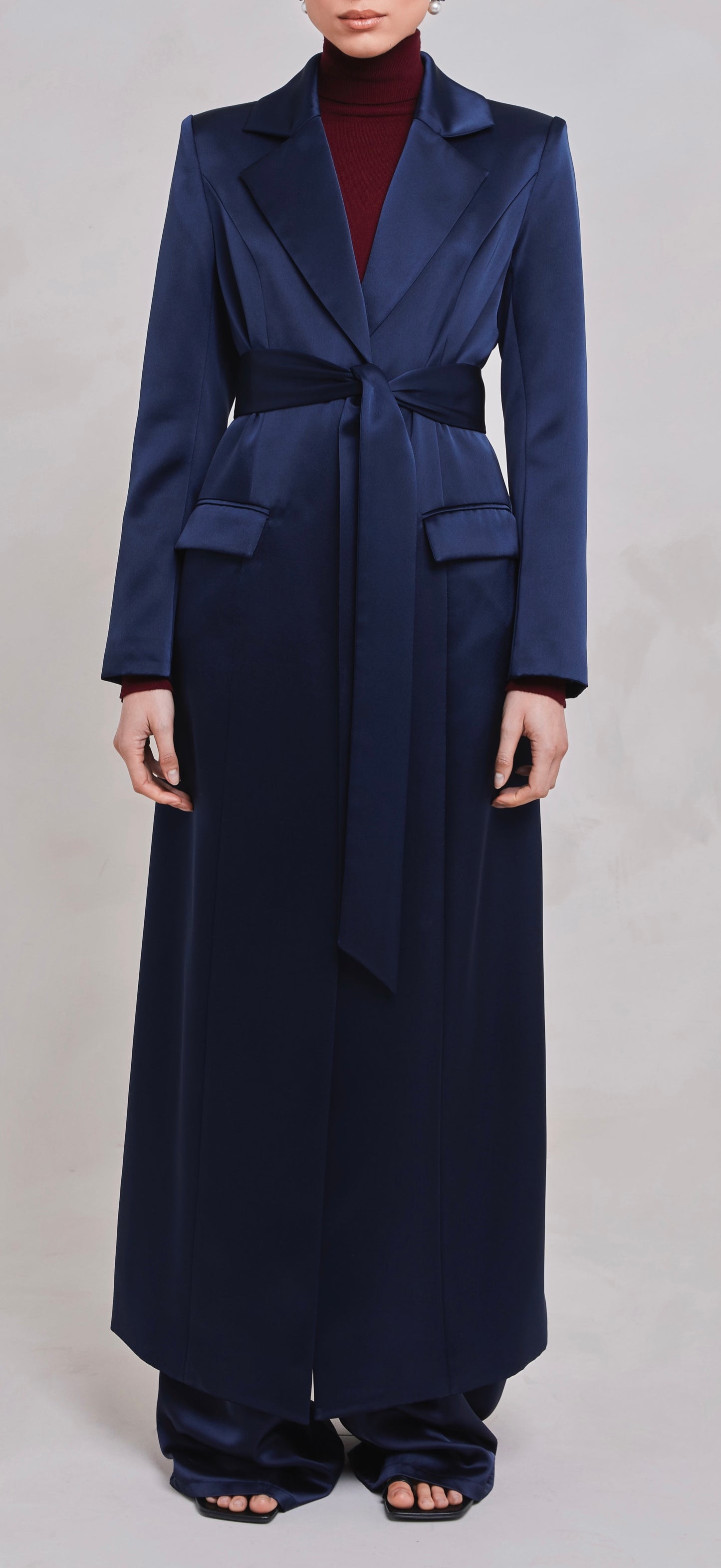 Saleha Navy Satin Blazer Coat