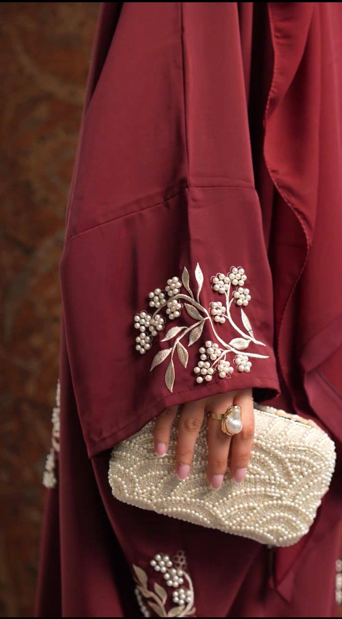 Emara Burgundy Butterfly Pearl Embroidered Abaya