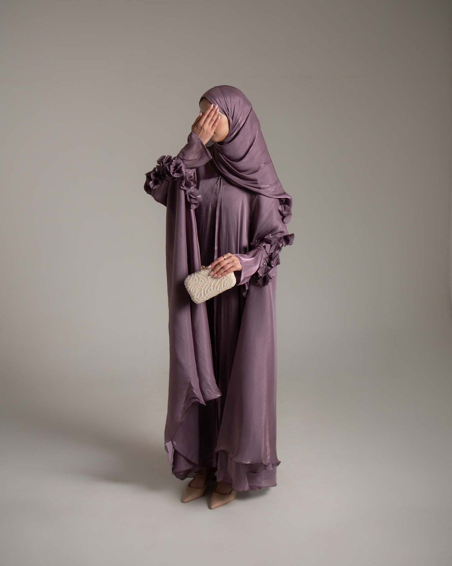 Maaliya Mauve 3D Flower Embellished Organza Cape Abaya