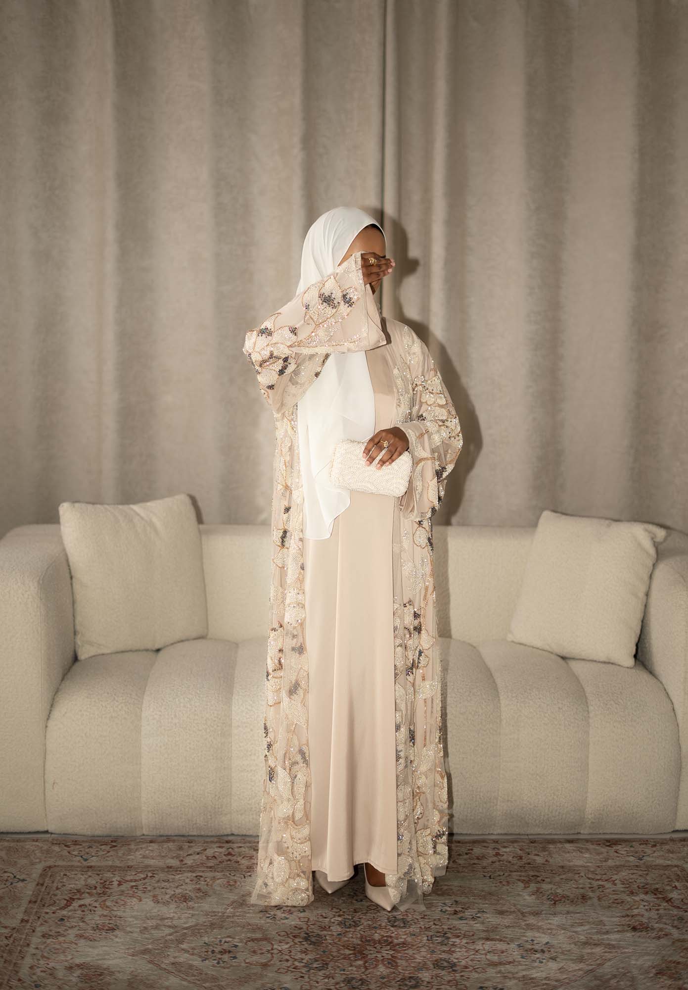 Samra Beige Floral Embellished Abaya