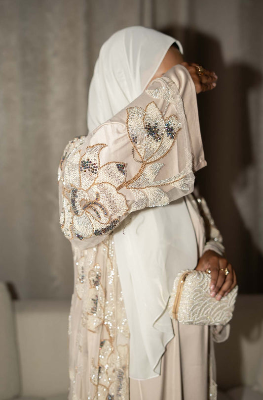 Samra Beige Floral Embellished Abaya