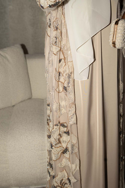 Samra Beige Floral Embellished Abaya