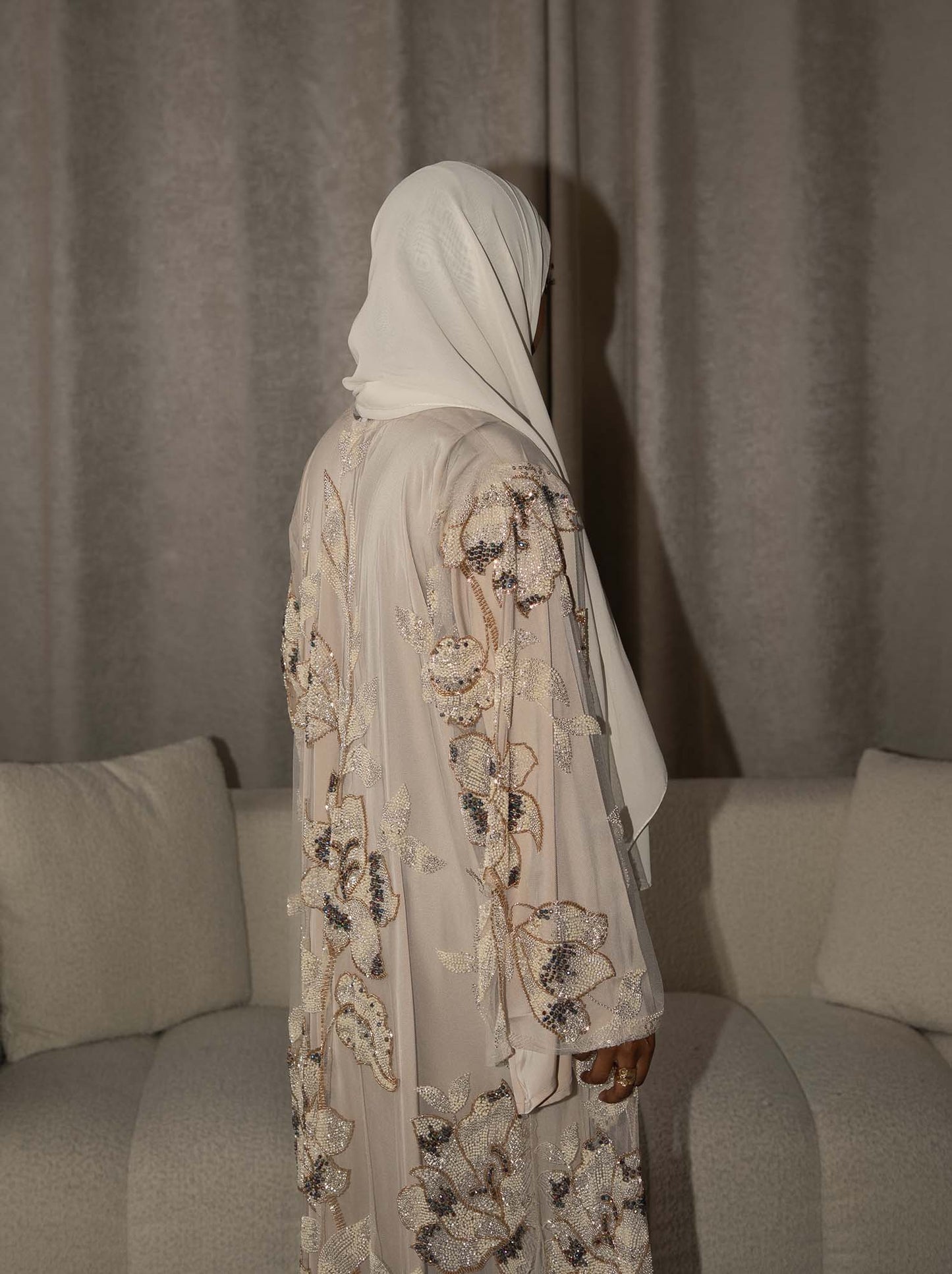 Samra Beige Floral Embellished Abaya
