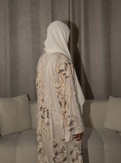 Samra Beige Floral Embellished Abaya