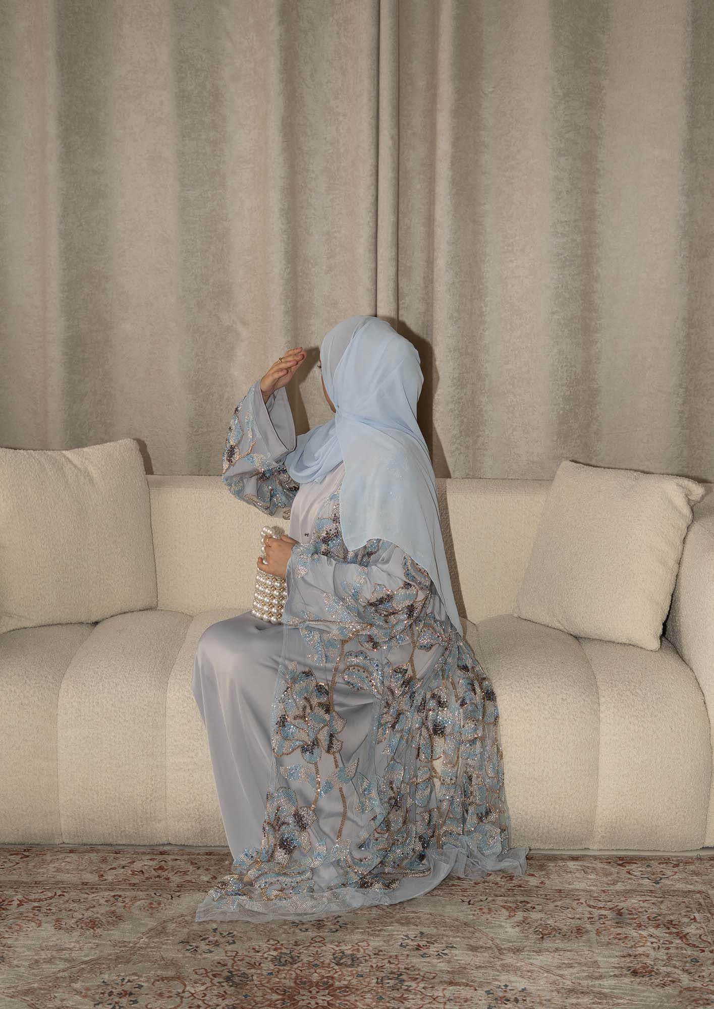 Samra Light Blue Floral Embellished Abaya