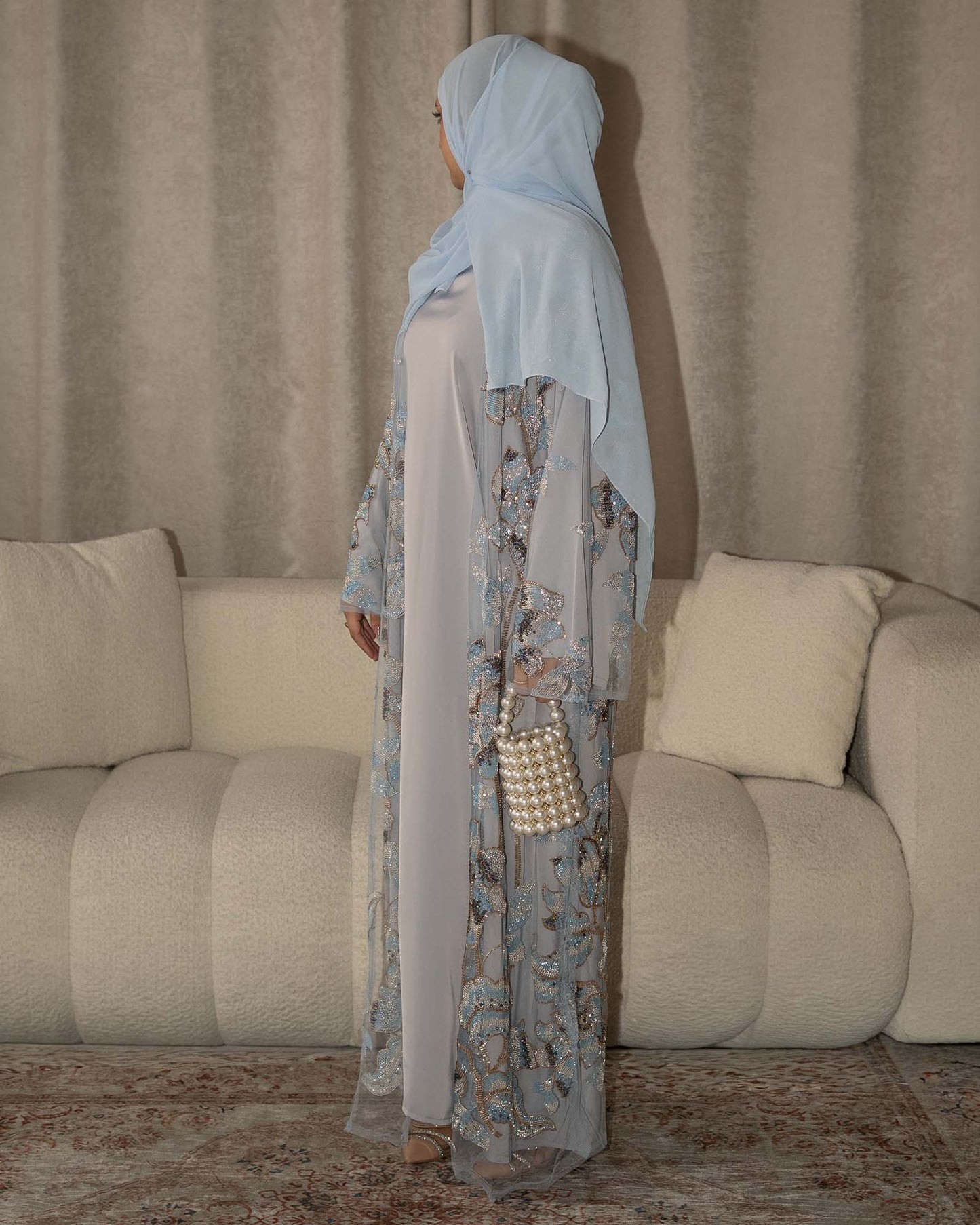 Samra Light Blue Floral Embellished Abaya
