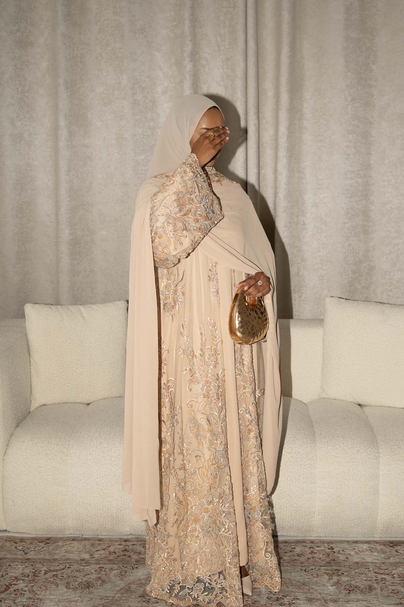 Zariyah Tan Beige Embroidered Dupatta Abaya