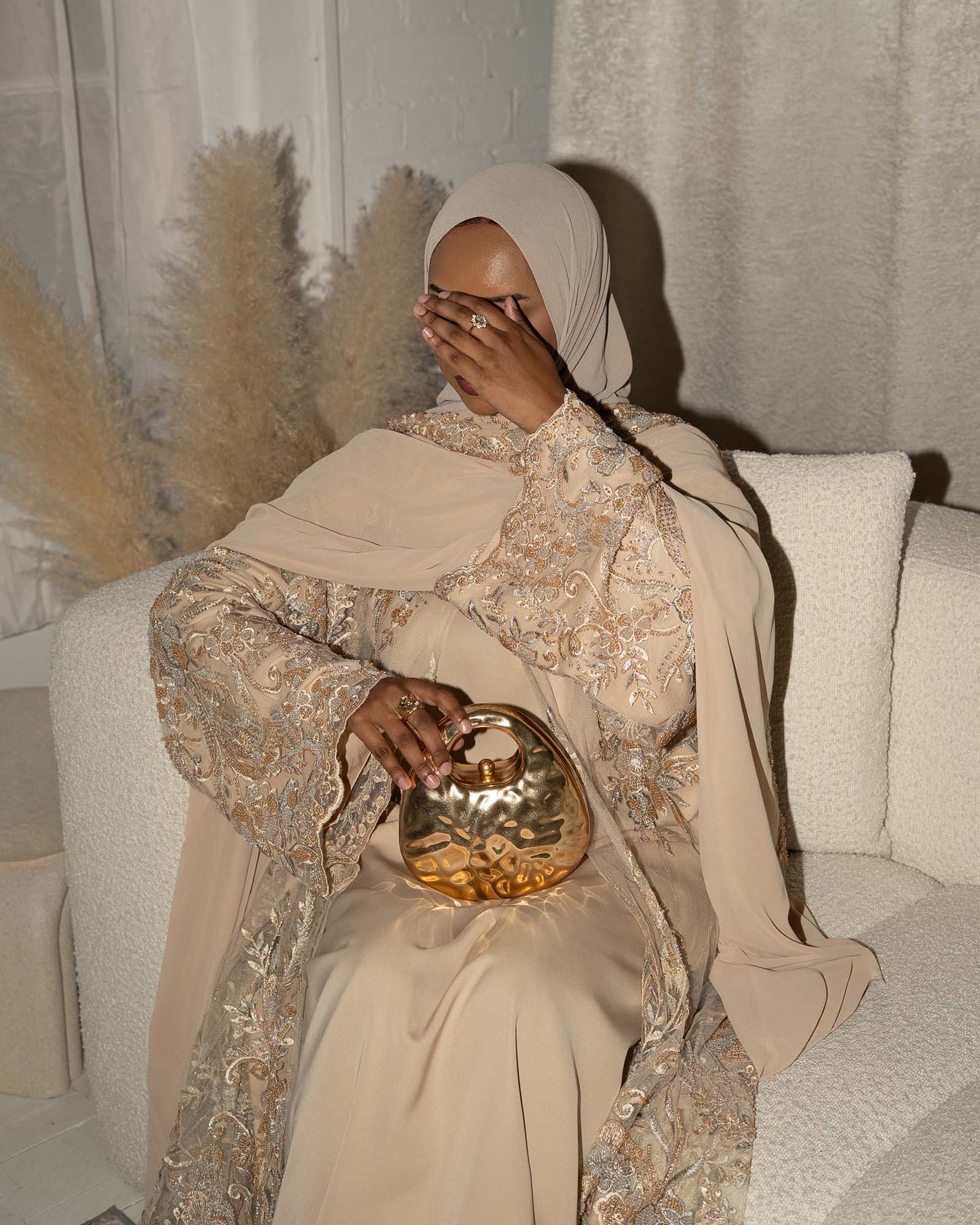 Zariyah Tan Beige Embroidered Dupatta Abaya