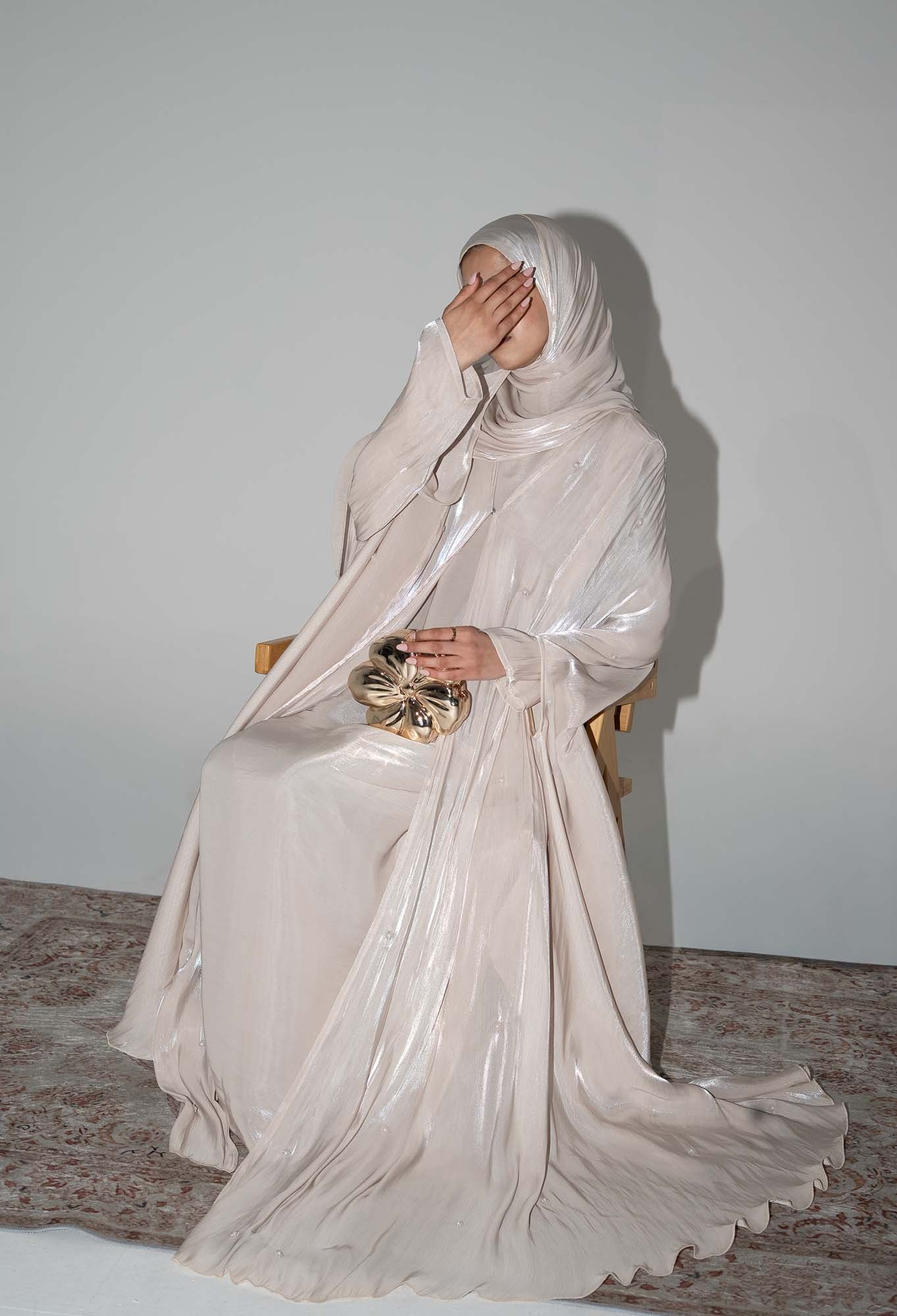 Aila Champagne Embellished Organza Cape Abaya