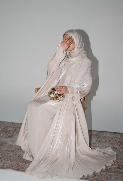 Aila Champagne Embellished Organza Cape Abaya