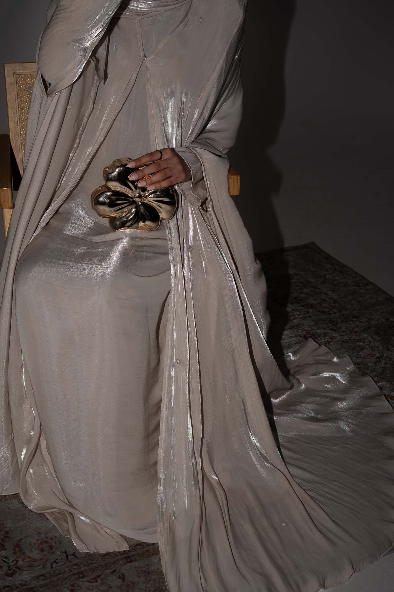 Aila Champagne Embellished Organza Cape Abaya