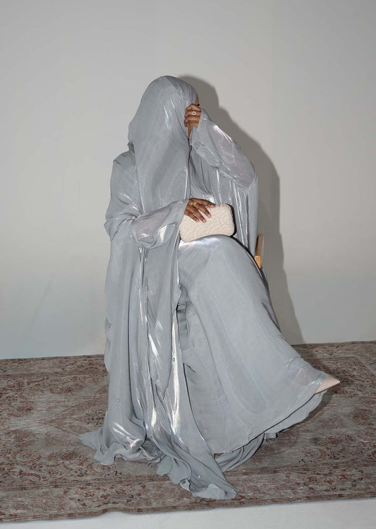 Aila Dusty Grey Embellished Organza Cape Abaya