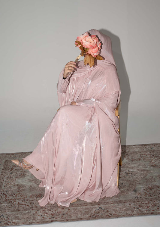 Aila Soft Pink Embellished Organza Cape Abaya