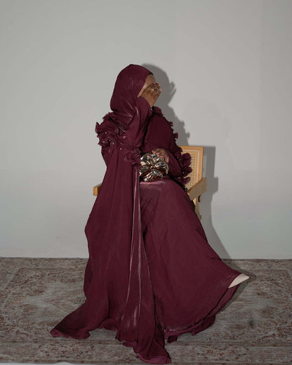 Maaliya Plum 3D Flower Embellished Organza Cape Abaya