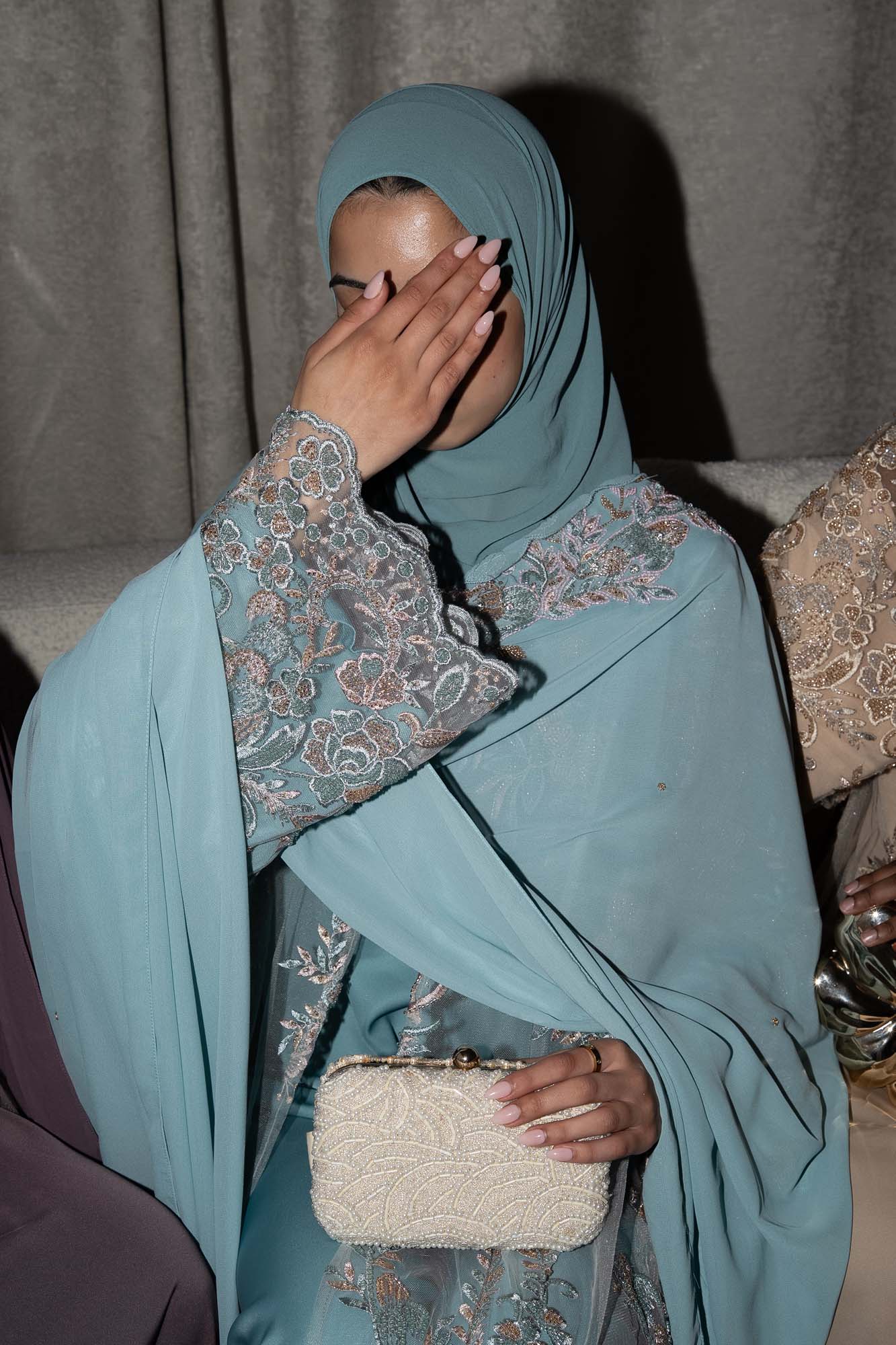 Zariyah Teal Embroidered Dupatta Abaya